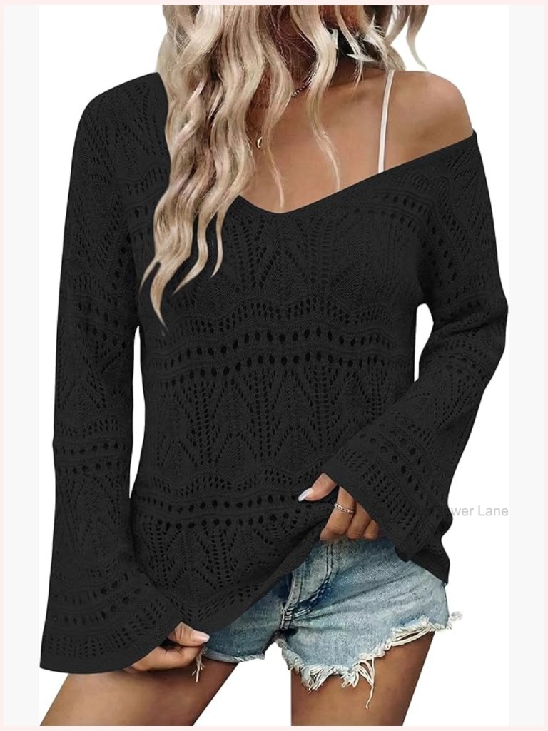Crochet Off Shoulder Sweater Top Boho Bell Sleeve Lightweight V-Neck